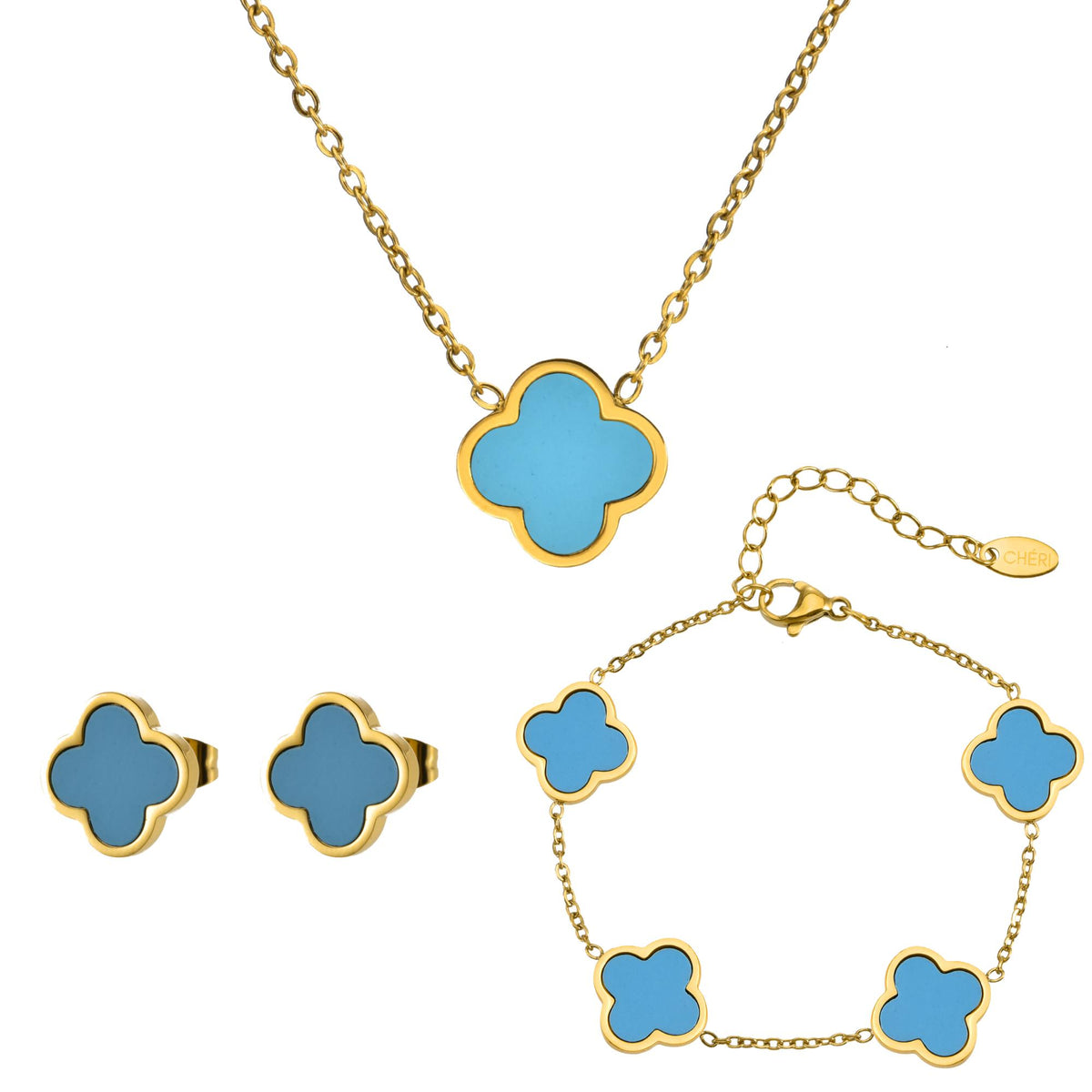 Комплект CHÉRI Blue Clover – колие, гривна и обеци