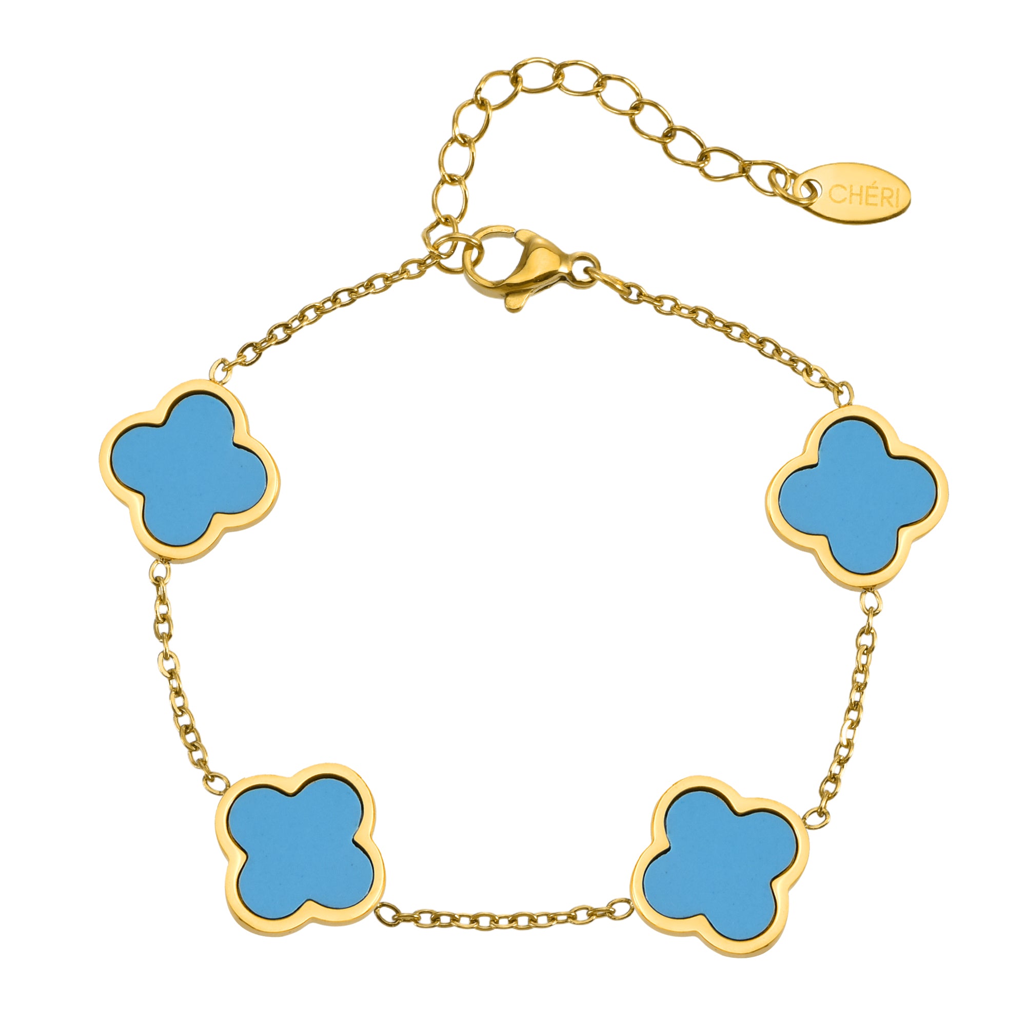 Дамска синя гривна с четирилистна детелина от CHÉRI Jewelry – елегантно бижу, символ на късмет и стил.