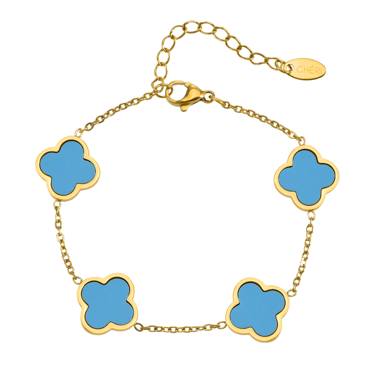 Дамска синя гривна с четирилистна детелина от CHÉRI Jewelry – елегантно бижу, символ на късмет и стил.