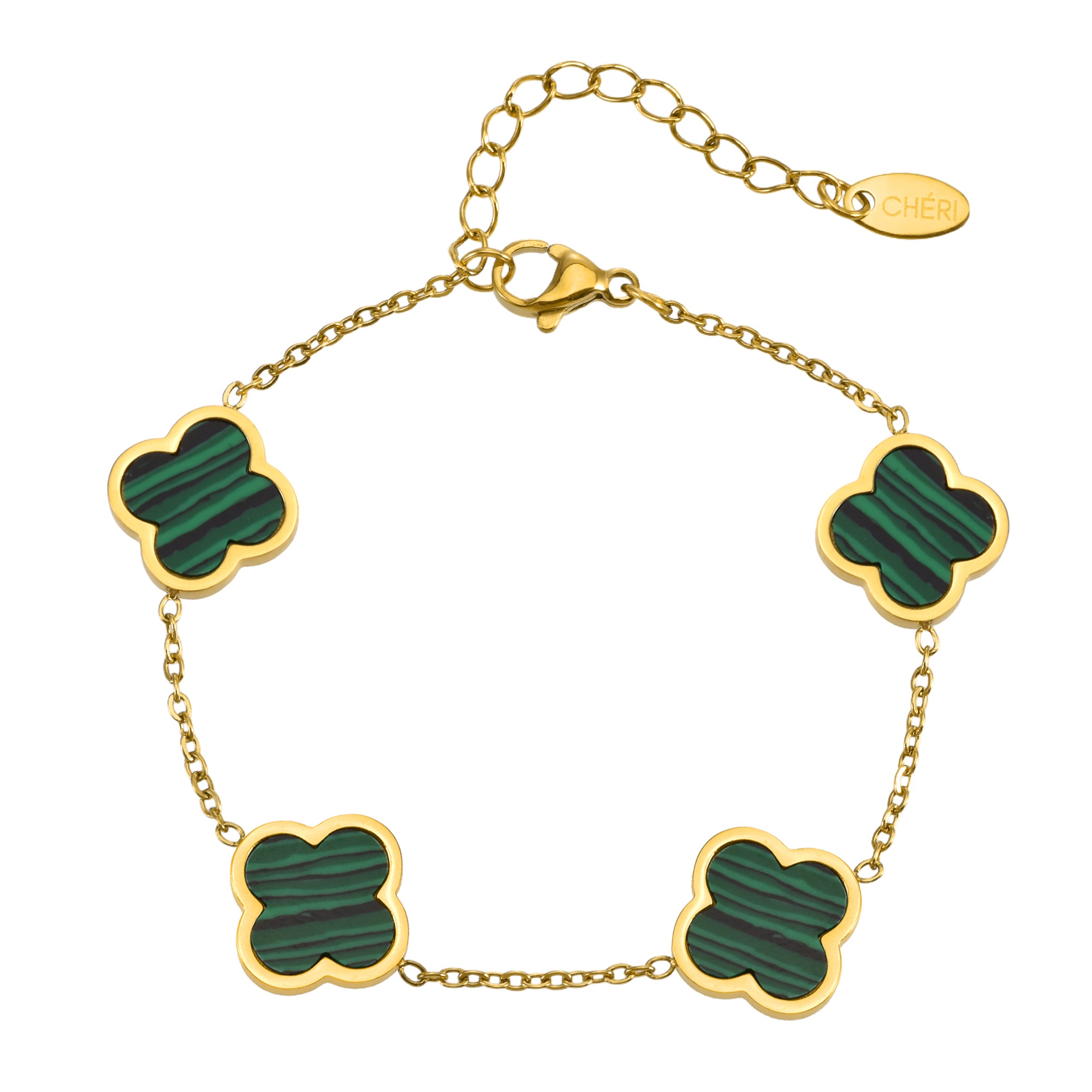 Дамска зелена гривна с четирилистна детелина от CHÉRI Jewelry – елегантно бижу, вдъхновено от късмета и природата.