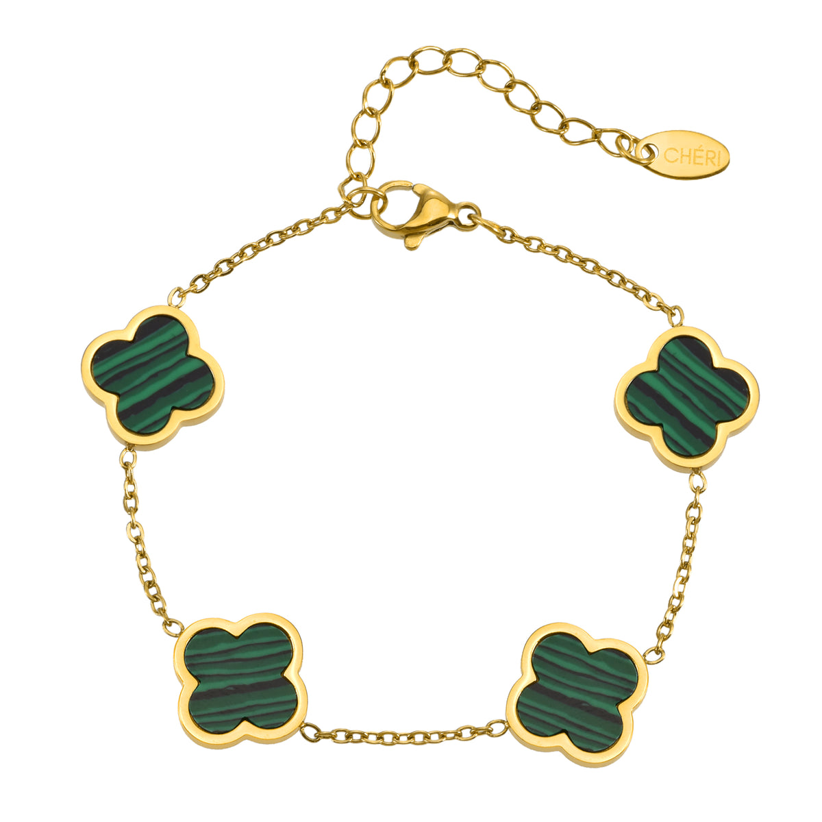 Дамска зелена гривна с четирилистна детелина от CHÉRI Jewelry – елегантно бижу, вдъхновено от късмета и природата.