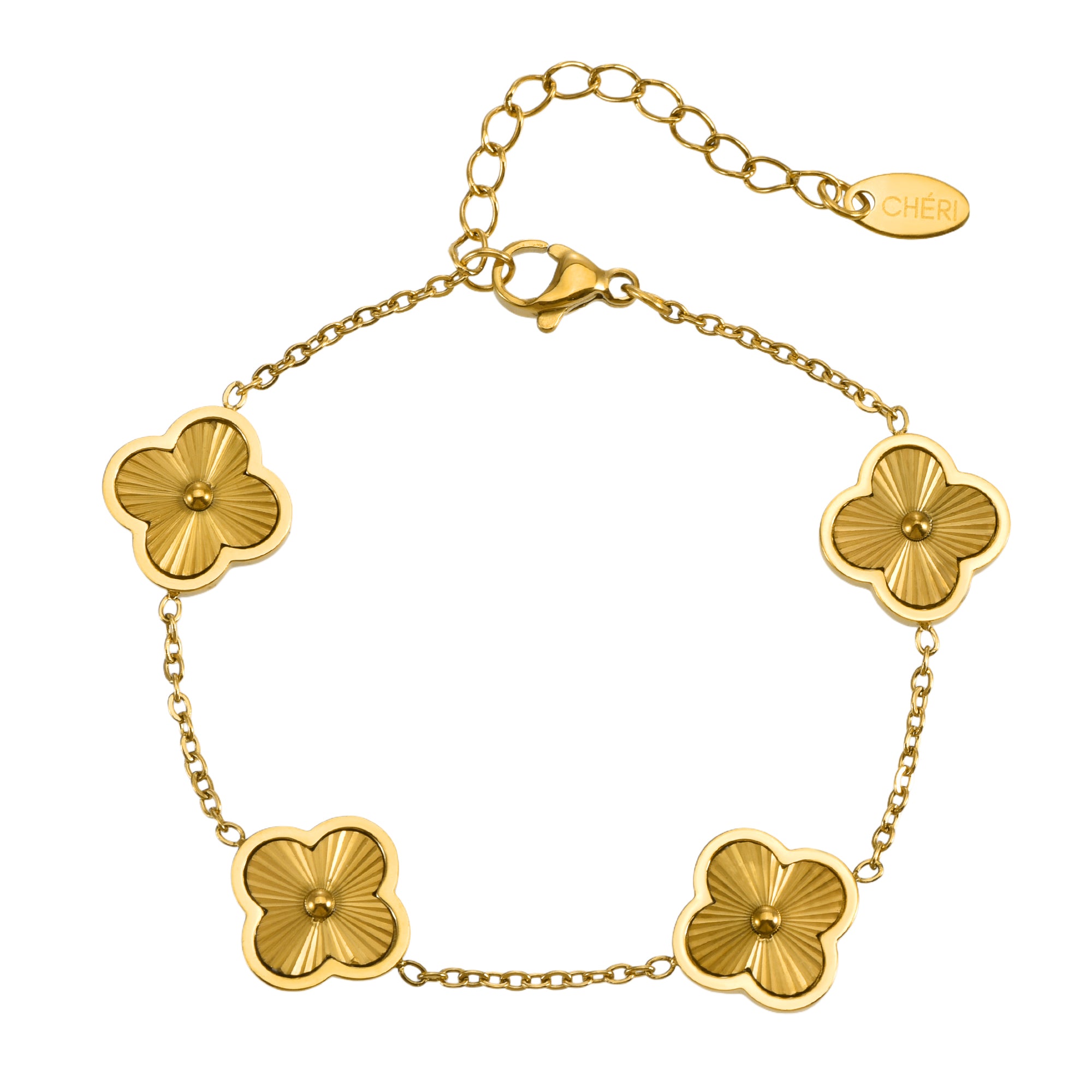 Дамска златна гривна с четирилистна детелина от CHÉRI Jewelry – луксозно бижу, символ на елегантност и късмет.