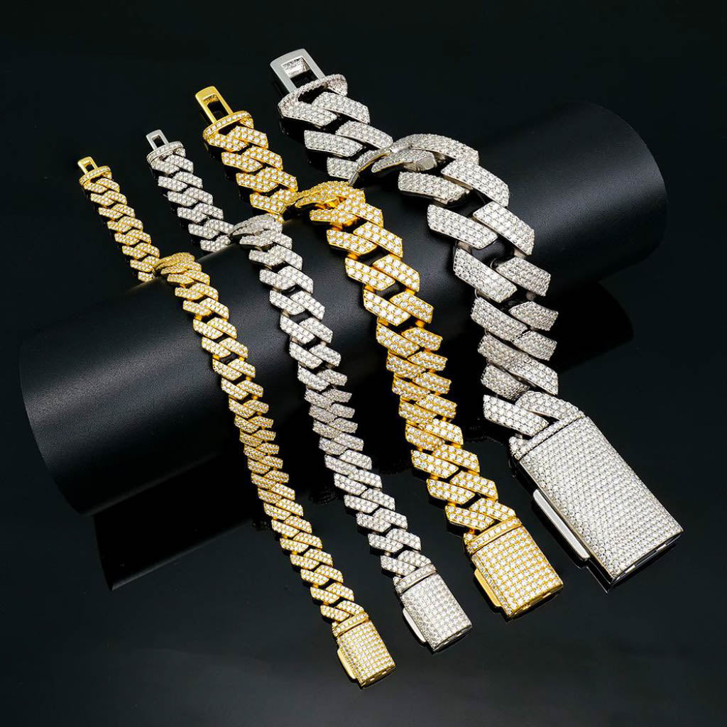 Луксозна Moissanite кубинска гривна от сребро 925 с родиево покритие – VS1 камъни D цвят, iced out блясък и премиум визия