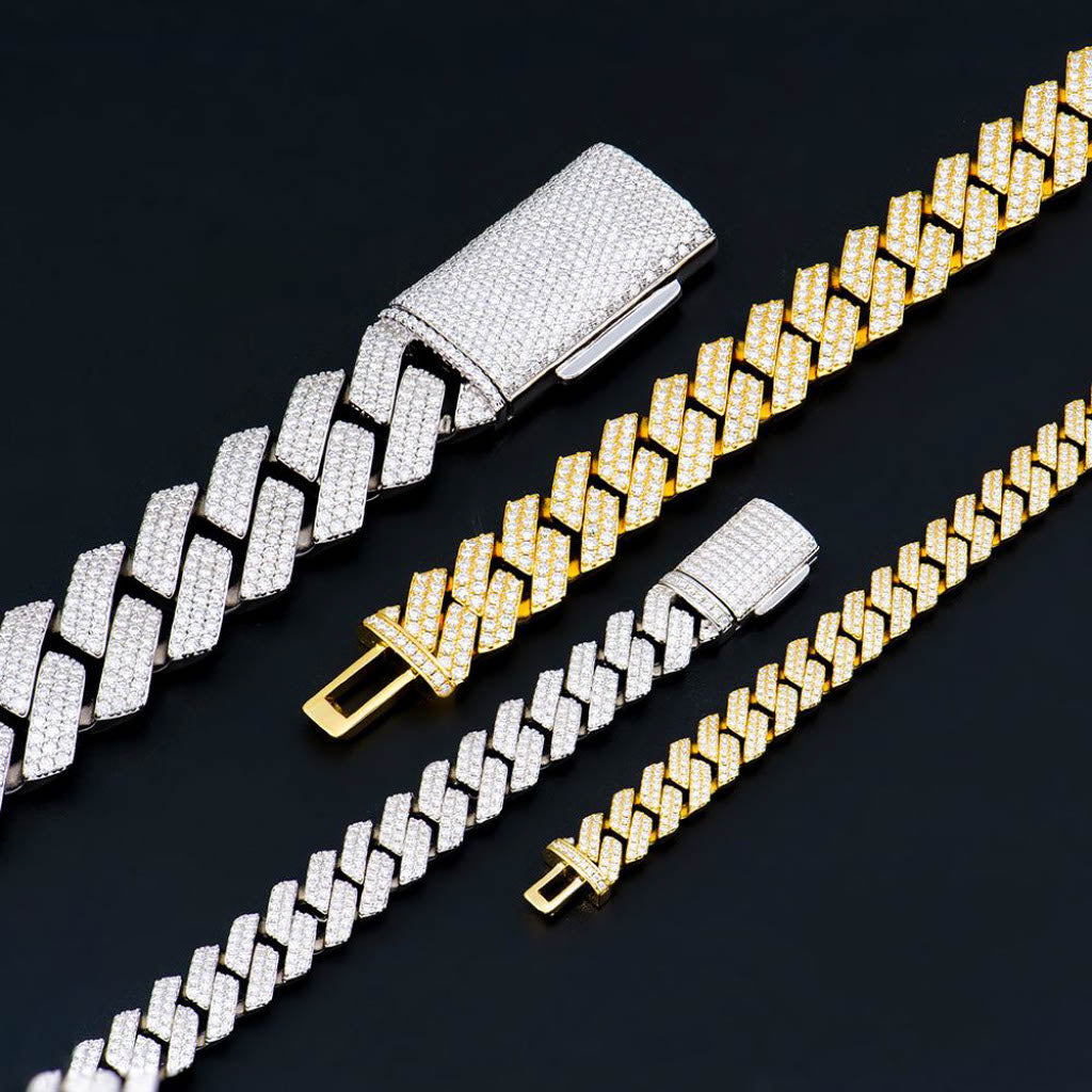 Moissanite Cuban верига от сребро 925 с родиево покритие – луксозен iced out дизайн с VS1 Moissanite камъни D цвят, блясък по-силен от диамант