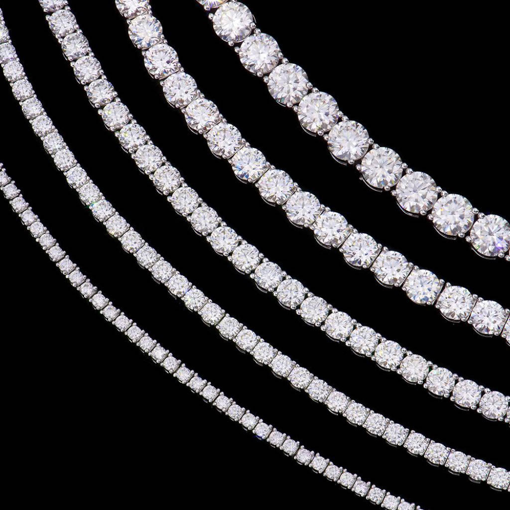 Луксозна Moissanite тенис верига от сребро 925 с родиево покритие – VS1 камъни D цвят, блясък по-силен от диамант