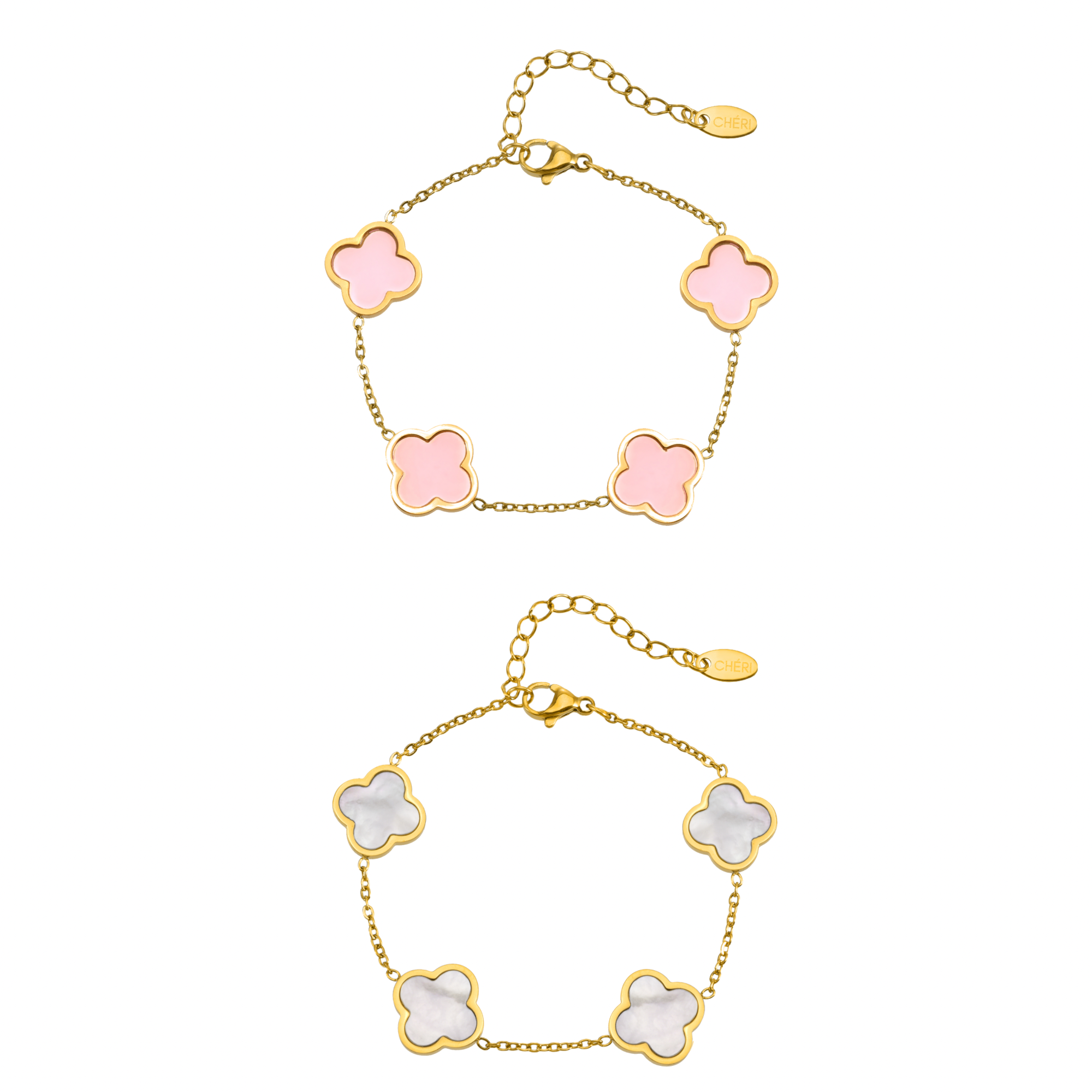 Гривни Pearl & Pink Clover Duo от неръждаема стомана с 18K позлата, водоустойчиви и елегантни