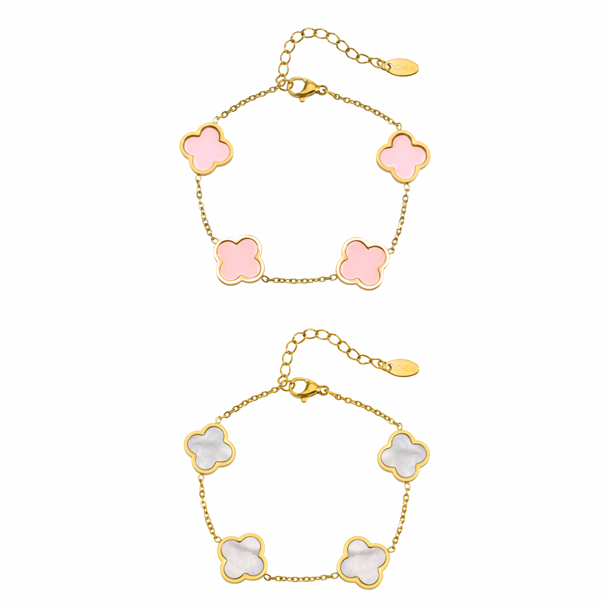 Гривни Pearl & Pink Clover Duo от неръждаема стомана с 18K позлата, водоустойчиви и елегантни