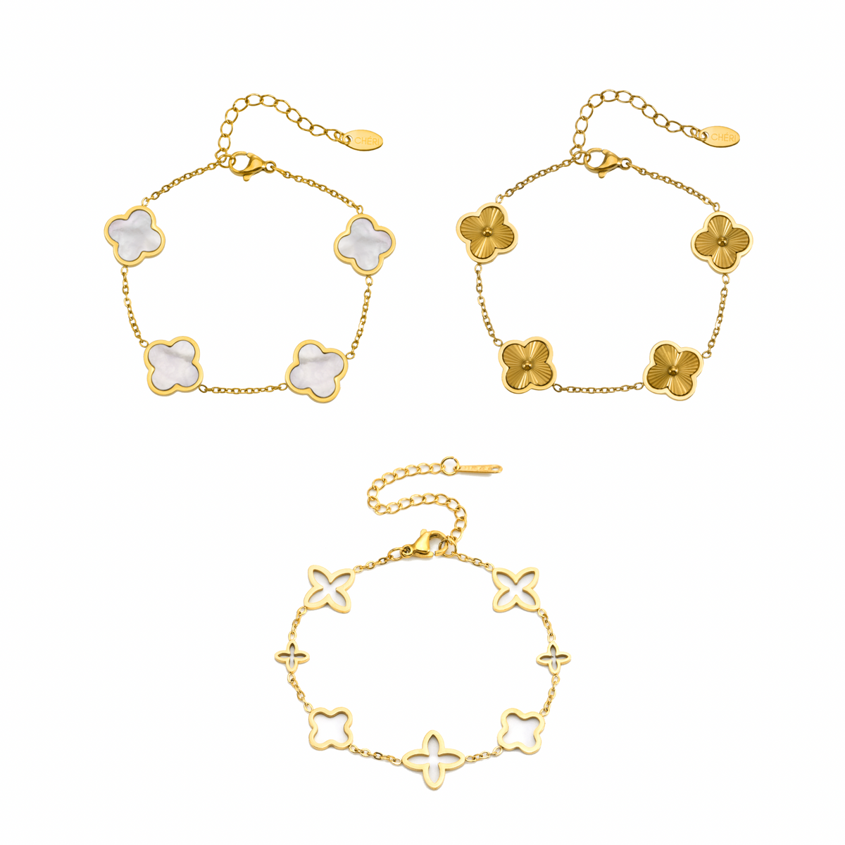 Комплект Pearl Prestige Trio – Golden Clover, Pearl Clover и Prestige гривна с 18K позлата, водоустойчиви и луксозни