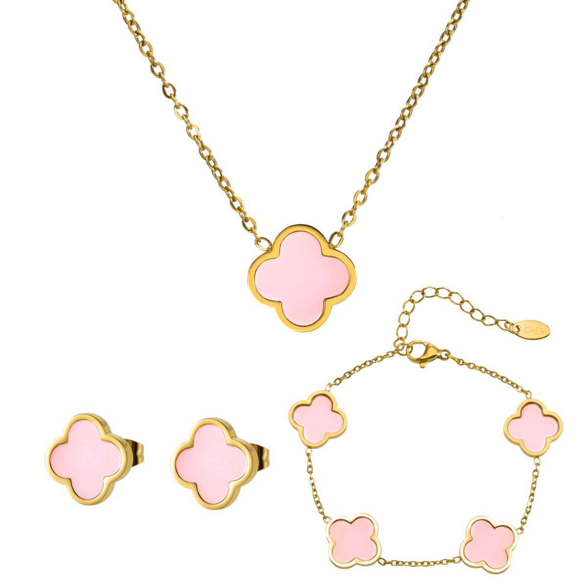 Комплект Pink Clover от неръждаема стомана с 18K златно покритие – водоустойчив, издръжлив и идеален подарък за жени