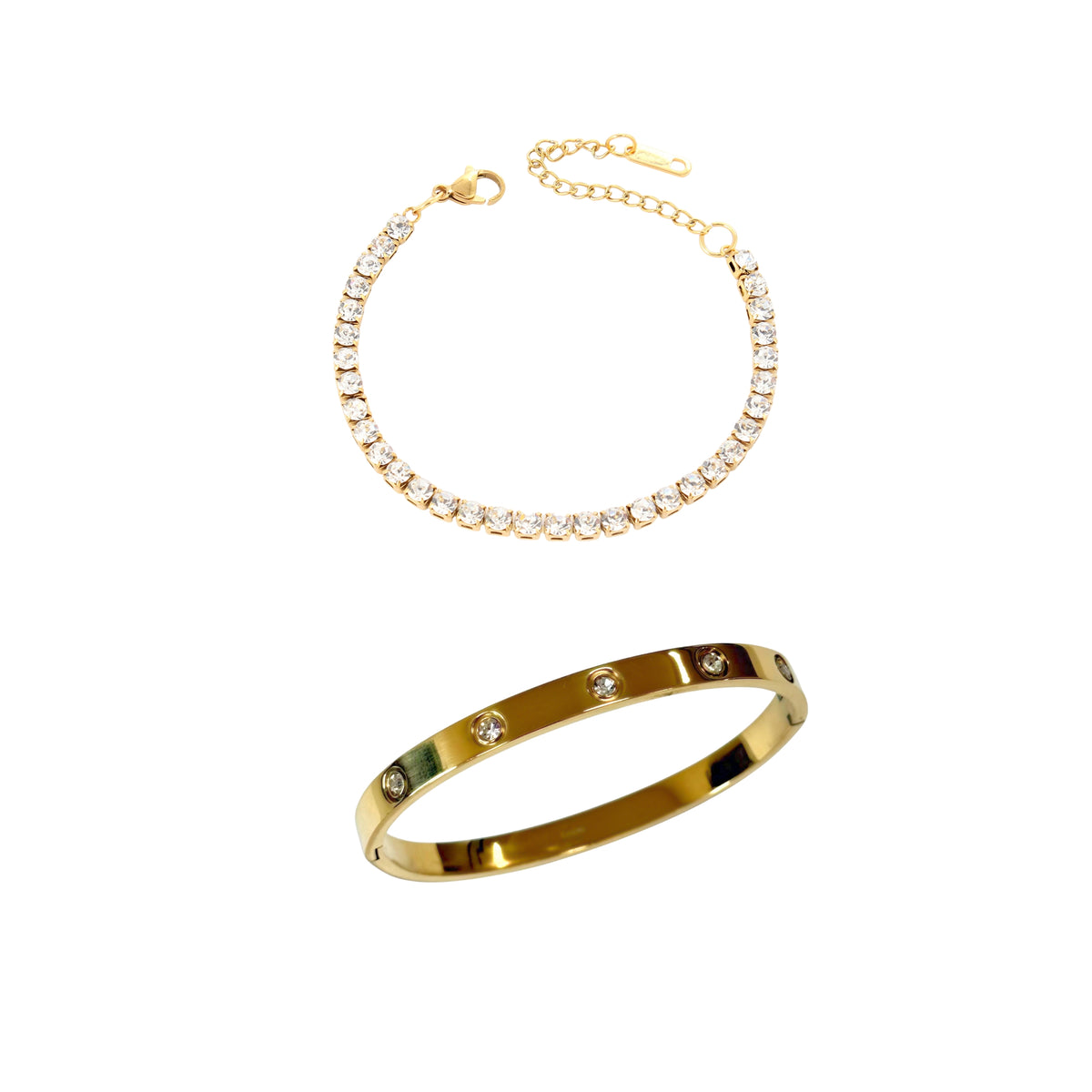 Shine Golden Duo комплект CHÉRI – тенис гривна с цирконий и AMOUR гривна с 18K златно покритие; елегантна златна комбинация, водоустойчива и подходяща за подарък