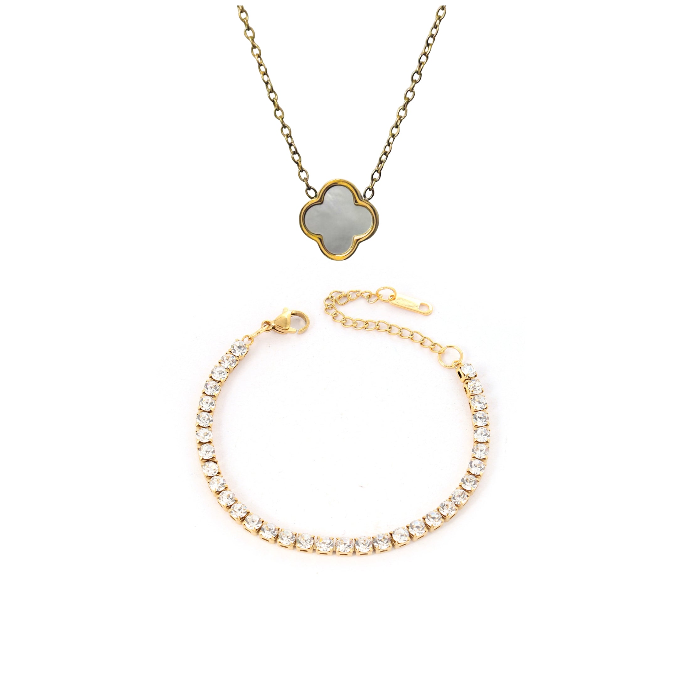 Елегантен комплект CHÉRI – перлена огърлица и тенис гривна с цирконий; изискана комбинация от неръждаема стомана с 18K златно покритие, водоустойчива и подходяща за подарък