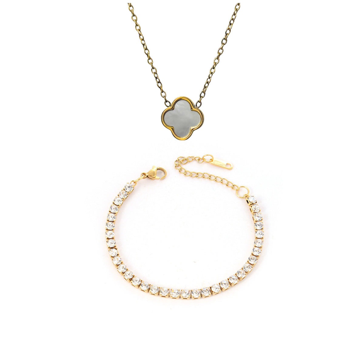 Елегантен комплект CHÉRI – перлена огърлица и тенис гривна с цирконий; изискана комбинация от неръждаема стомана с 18K златно покритие, водоустойчива и подходяща за подарък